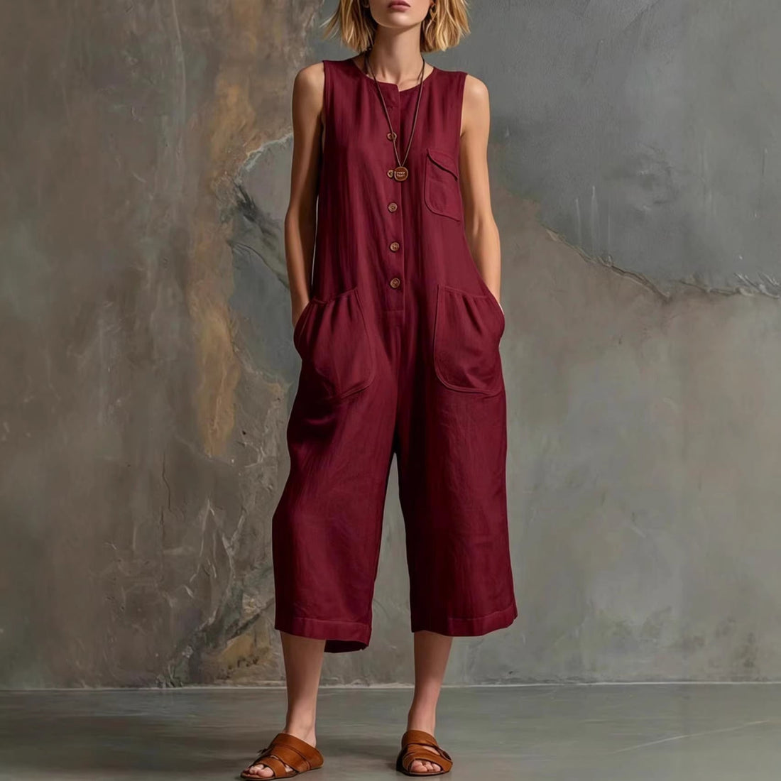 Women's Retro Sleeveless Cotton-Linen Wide-Leg Cropped Jumpsuit