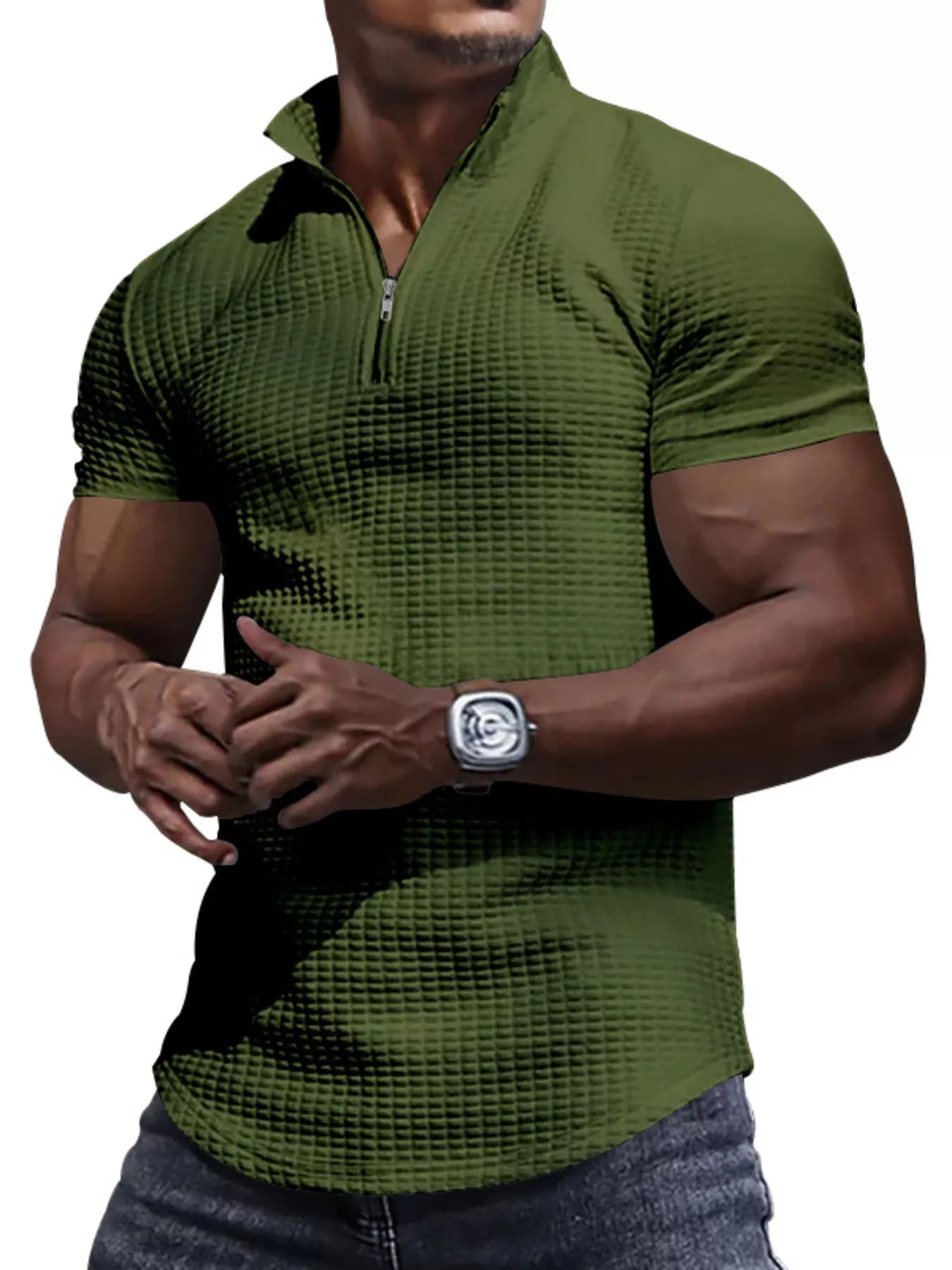 Men's Full Size Textured Short Sleeve Zipper Polo Plus Size