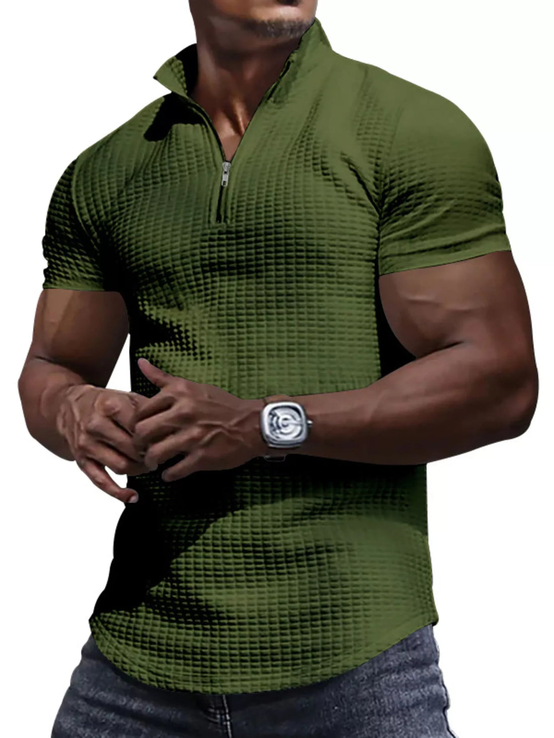 Men's Full Size Textured Short Sleeve Zipper Polo Plus Size