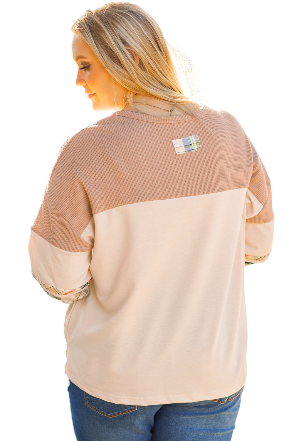 Women's Parchment Plus Size Plaid Waffle Patchwork Henley Top