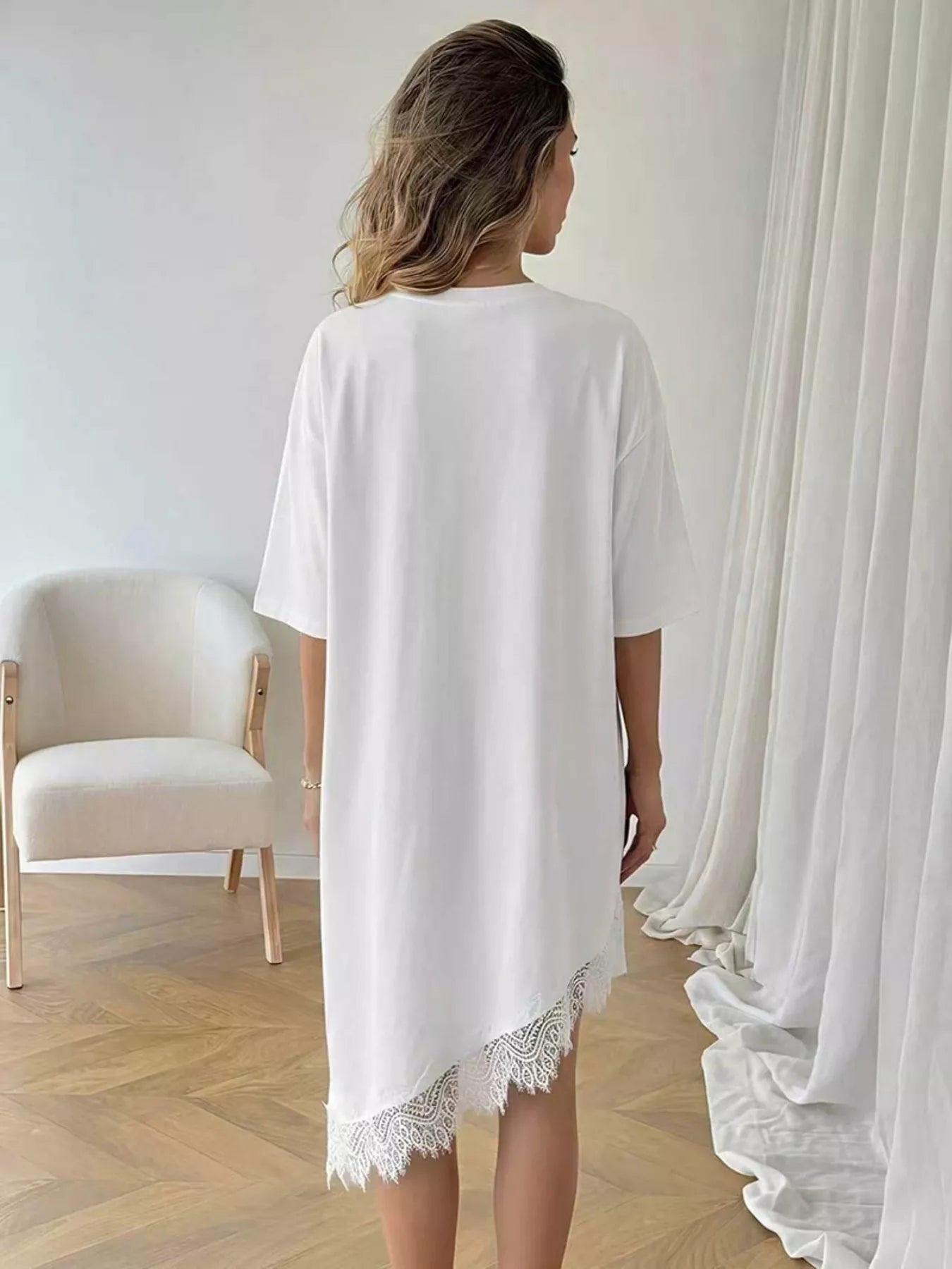 Women's Lace Trim Asymmetrical Hem T-shirt Dress