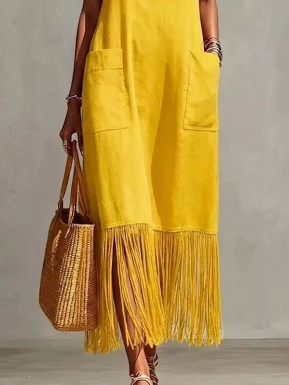 Women's Full Size Fringe V-Neck Spaghetti Strap Dress Plus Size