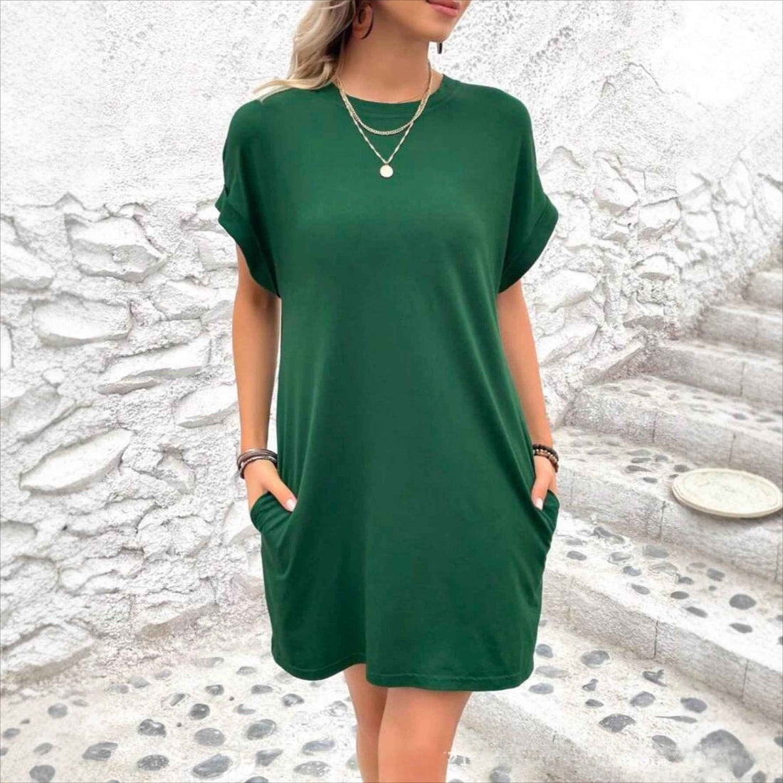 Loose Plus Size Fashion Casual Dress Solid Batwing Sleeve Tee Dress