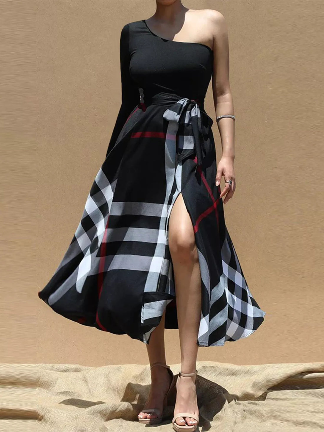 Women's Asymmetrical One-Sleeve Plaid Midi Dress with Waist Tie