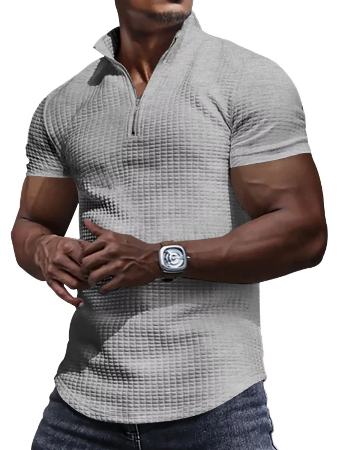 Men's Full Size Textured Short Sleeve Zipper Polo Plus Size