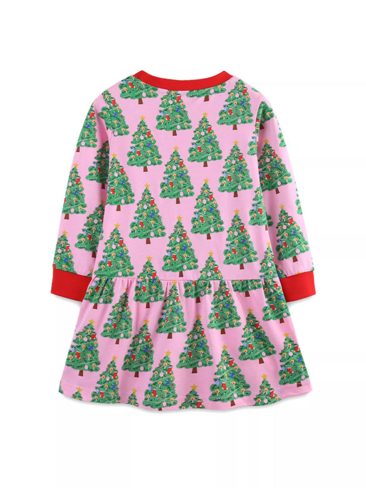 Children's Christmas Tree Print Long Sleeve Dress