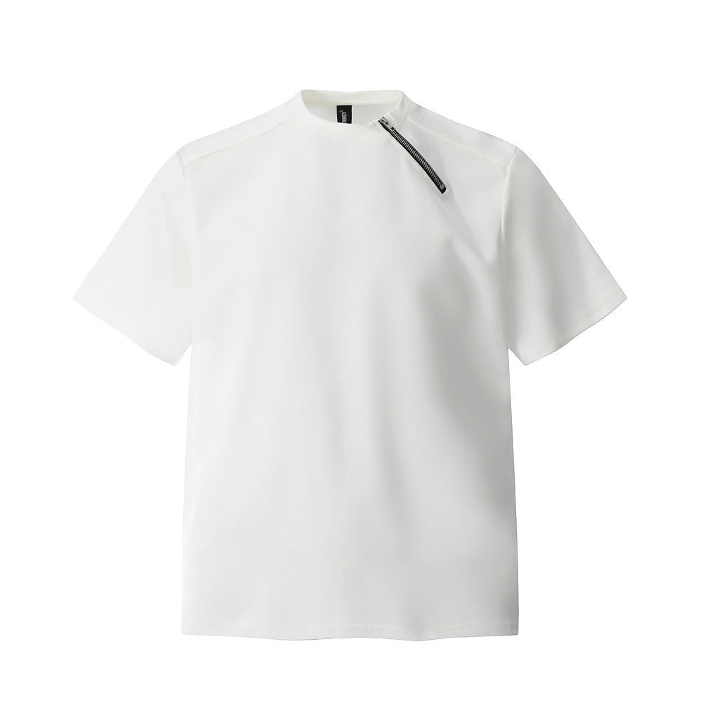 Men’s Heavyweight Zipper Short Sleeve Loose Round Neck T-Shirt