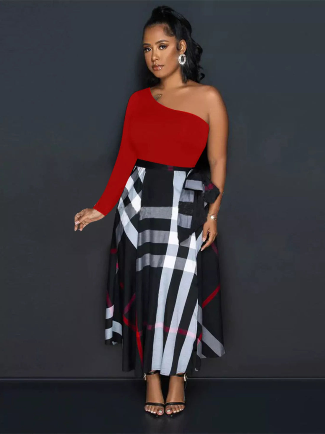 Women's Asymmetrical One-Sleeve Plaid Midi Dress with Waist Tie