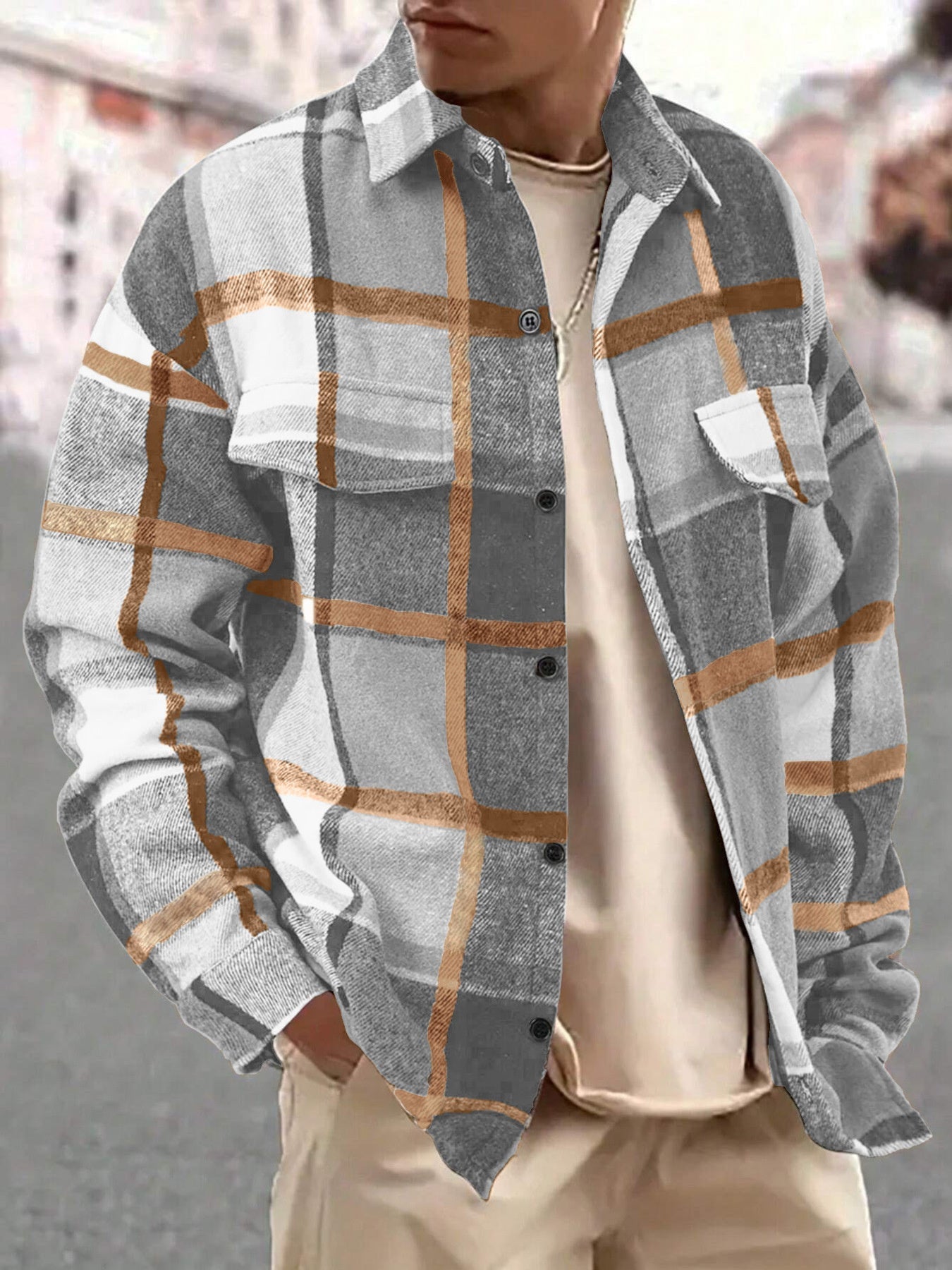 Men's Full Size Casual Plaid Button Up Shirt with Dual Chest Pockets Plus Size
