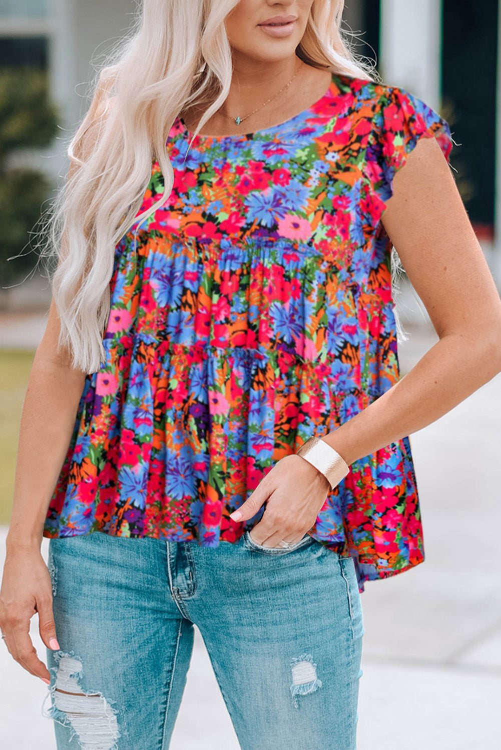 Women's Floral Round Neck Frill Trim Blouse