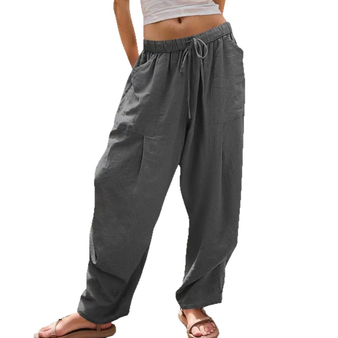 Women's Solid-Color Cotton-Linen Casual Loose Straight Pockets Lounge Pants With Drawstring See size chart under “more details”