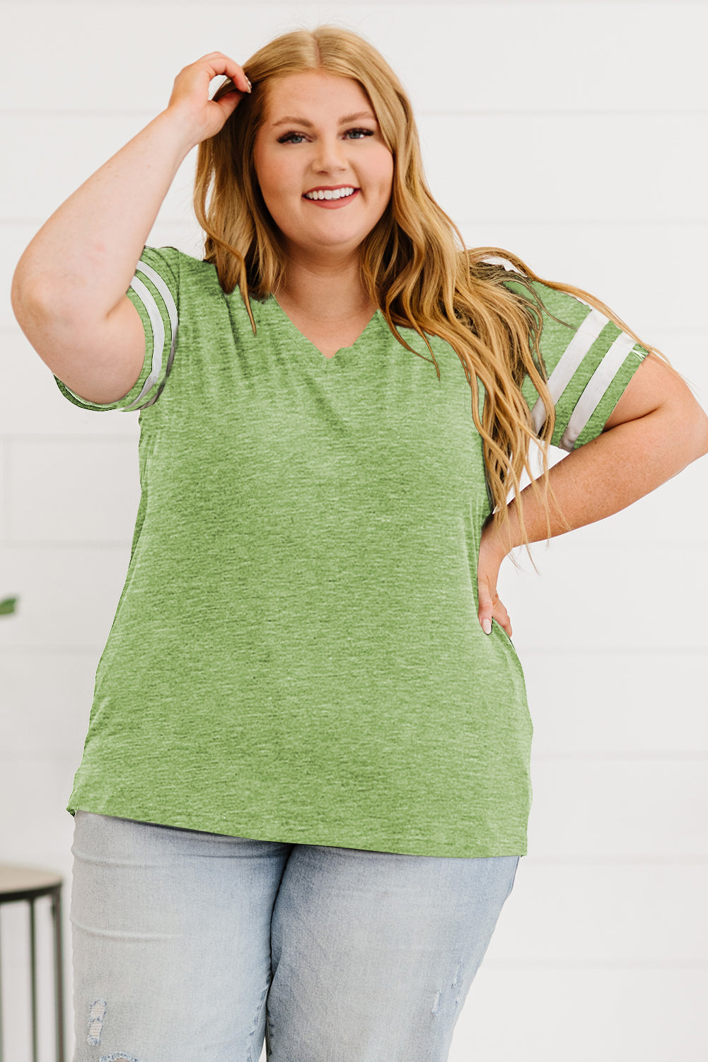 Plus Size Striped V-Neck Tee Shirt See size chart under “more details”