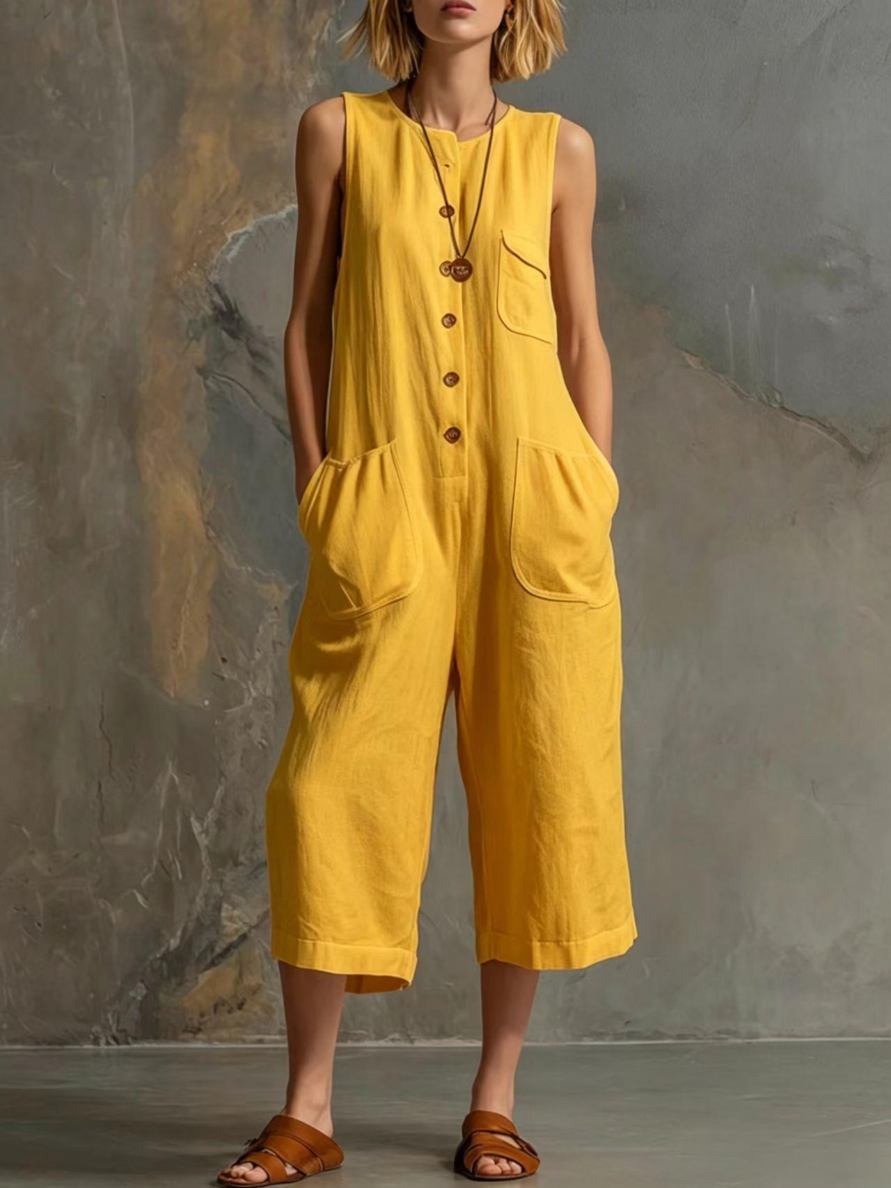 Women's Retro Sleeveless Cotton-Linen Wide-Leg Cropped Jumpsuit