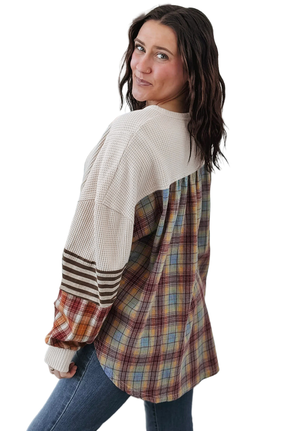 Women's Parchment Plus Size Waffle Striped Plaid Patchwork Henley Pullover