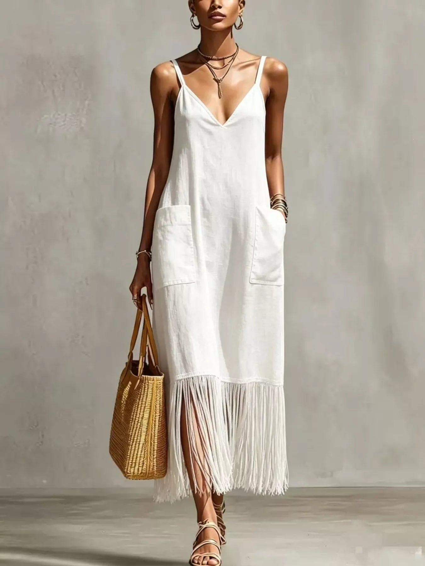 Women's Full Size Fringe V-Neck Spaghetti Strap Dress Plus Size