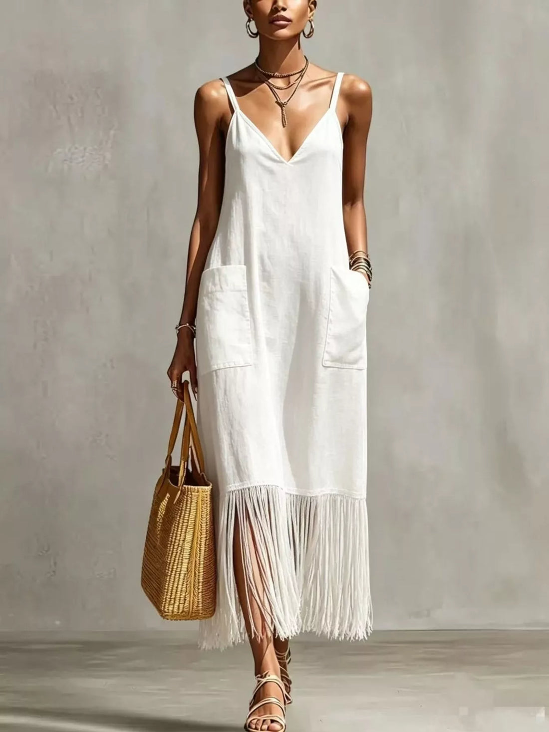 Women's Full Size Fringe V-Neck Spaghetti Strap Dress Plus Size