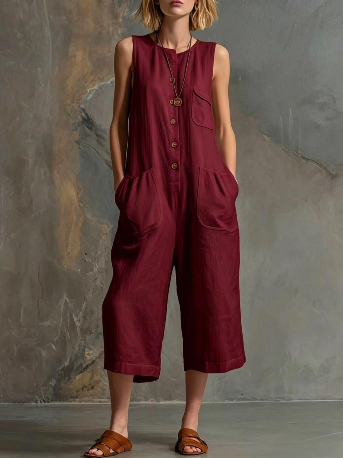 Women's Retro Sleeveless Cotton-Linen Wide-Leg Cropped Jumpsuit