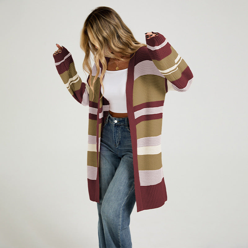 Women's Color-Block Striped Knit Cardigan Coat