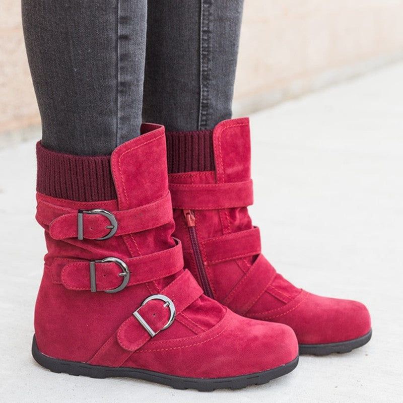 Women's Buckle Strap Winter Boots | Matte Round-Toe Flat Ankle Boots