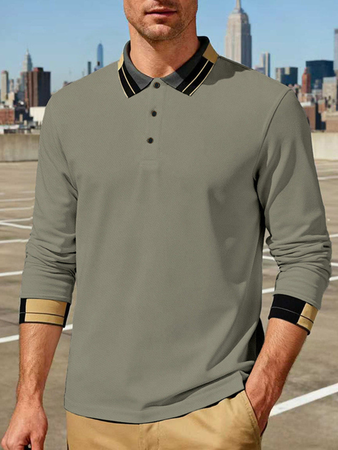 Men's Full Size Button Detail Long Sleeve Polo Plus Size