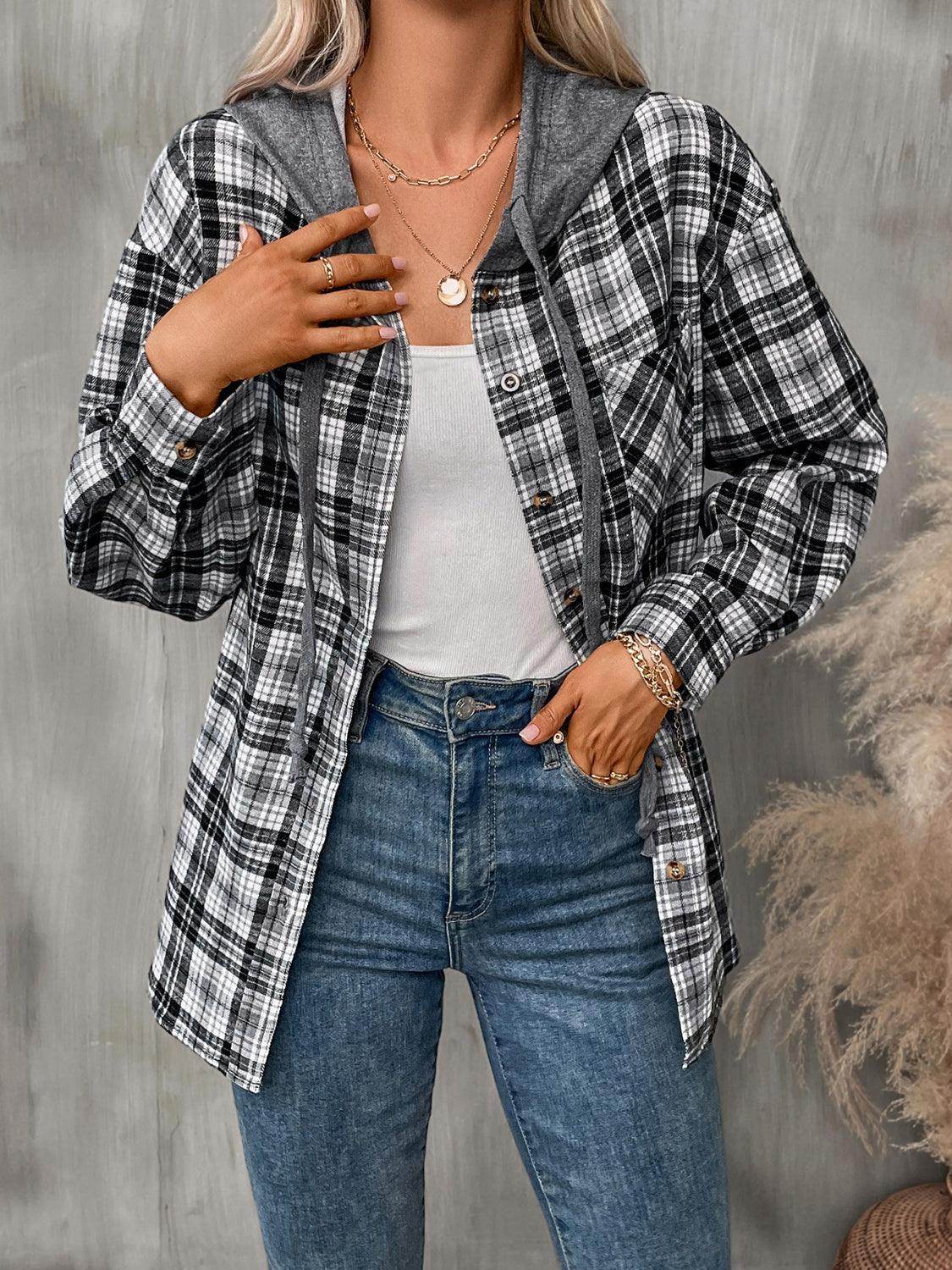 Plaid Long Sleeve Hooded Jacket for Women with Pockets