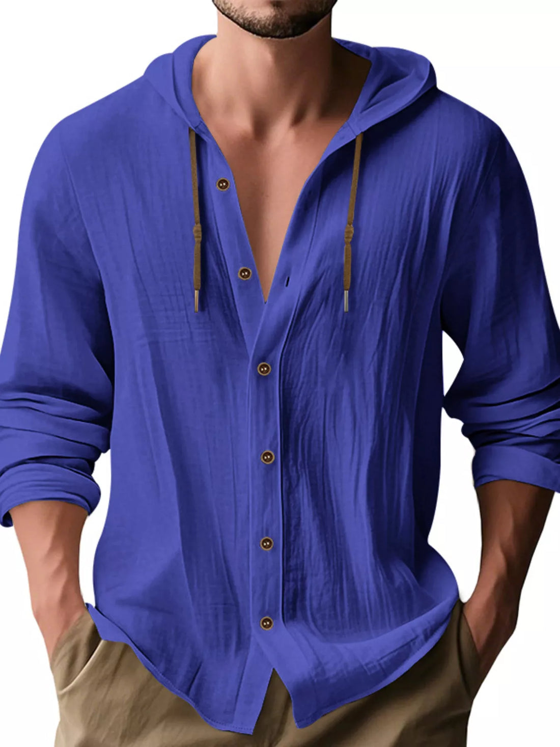 Men's Full Size Drawstring Button Up Hooded Shirt Plus Size