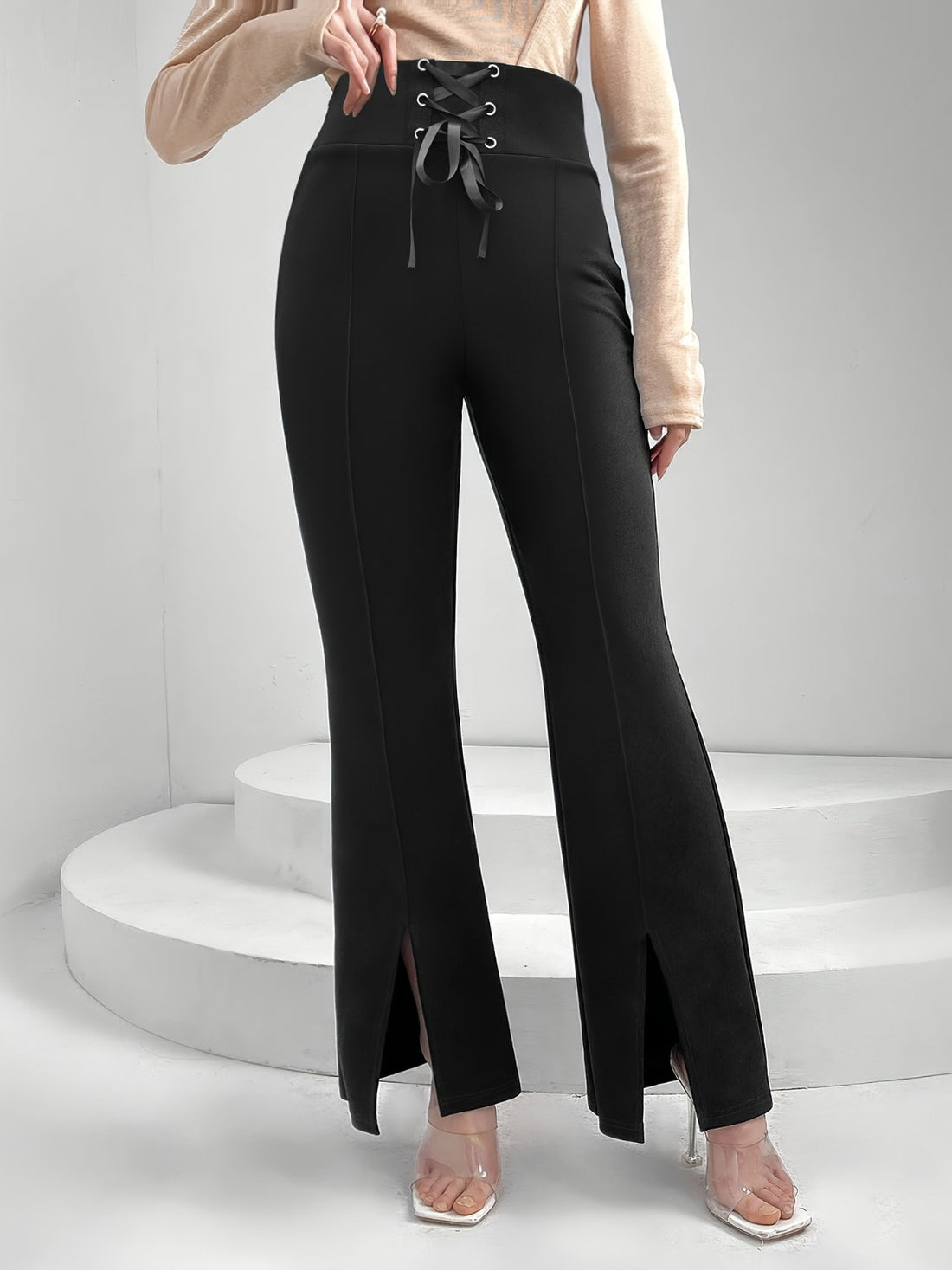Luxe Style Lace Up Slit Bootcut Pants – Stylish Crisscross Design See size chart under “more details”