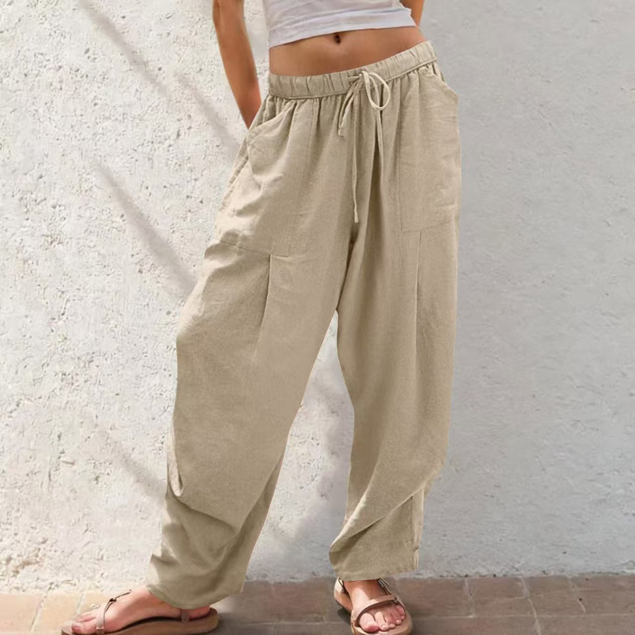 Women's Solid-Color Cotton-Linen Casual Loose Straight Pockets Lounge Pants With Drawstring See size chart under “more details”