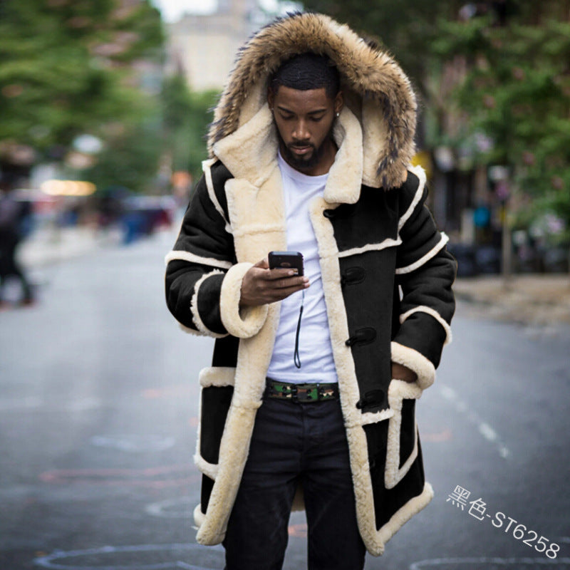 Men's Solid Color Stitching Casual Slim Lapel Hooded Jacket