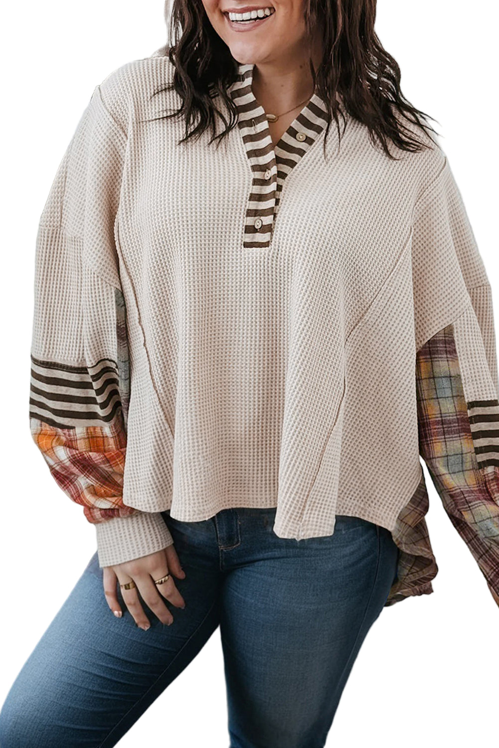 Women's Parchment Plus Size Waffle Striped Plaid Patchwork Henley Pullover