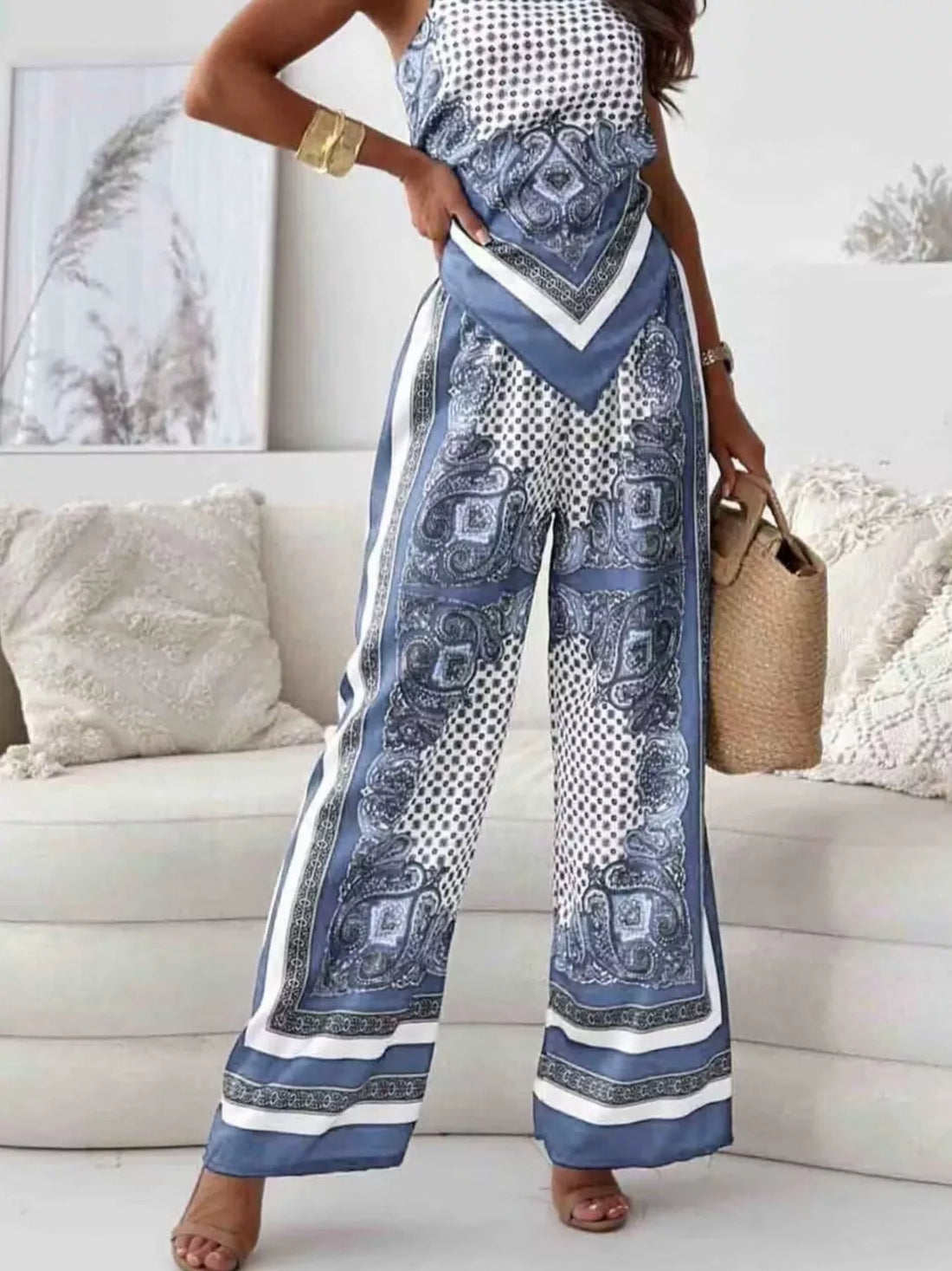 Women's Printed Cami and Wide Leg Pants Set