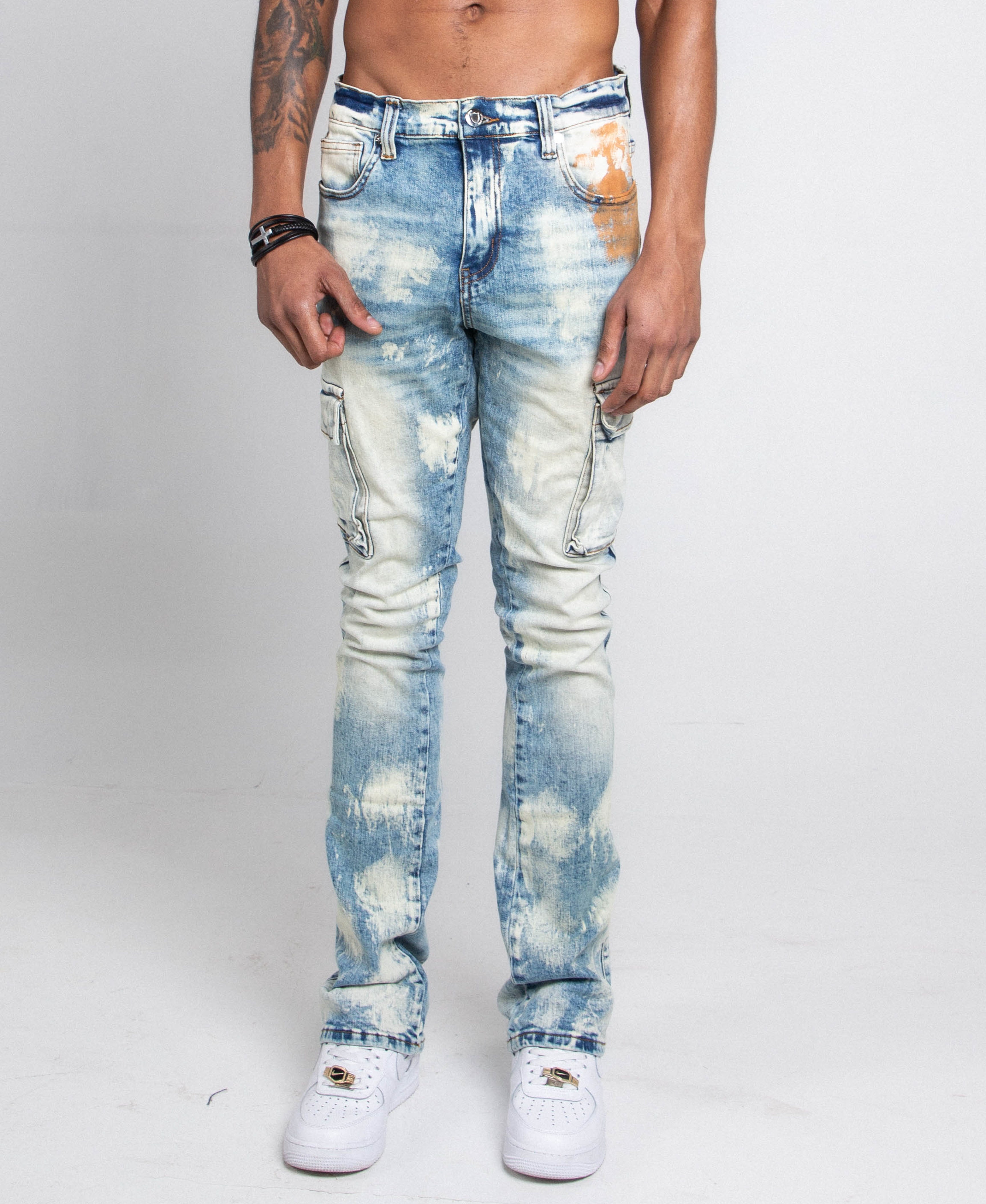 AJ29SK GREY/WHITE WASH STACKED CARGO JEANS