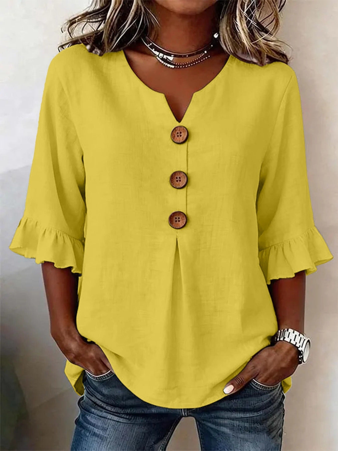 Women's Cotton Linen V-Neck Button-Up Blouse — Summer Casual Top
