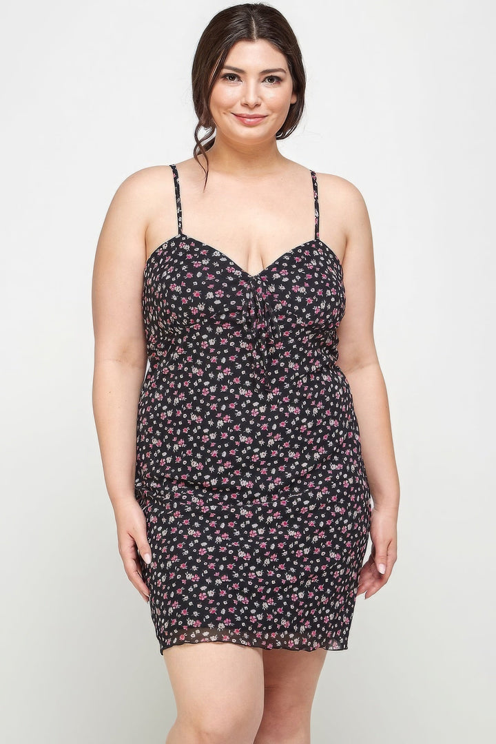 Women's Plus Size Ditsy Floral Print On Mesh Fabric Cami Dress