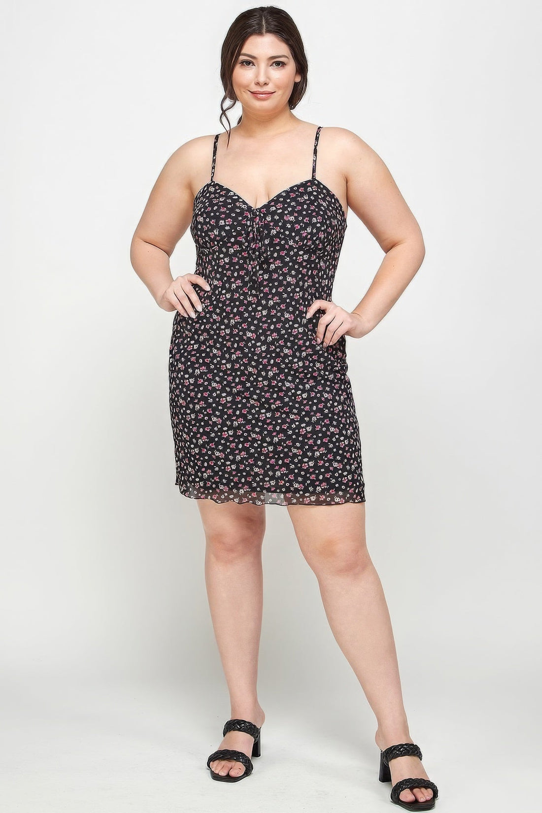 Women's Plus Size Ditsy Floral Print On Mesh Fabric Cami Dress