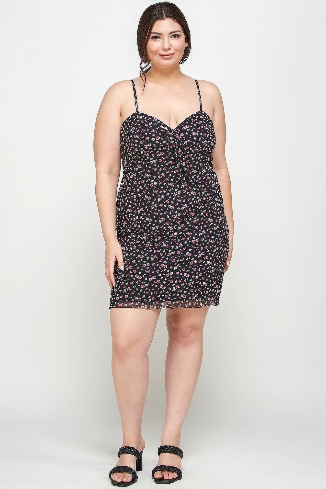 Women's Plus Size Ditsy Floral Print On Mesh Fabric Cami Dress
