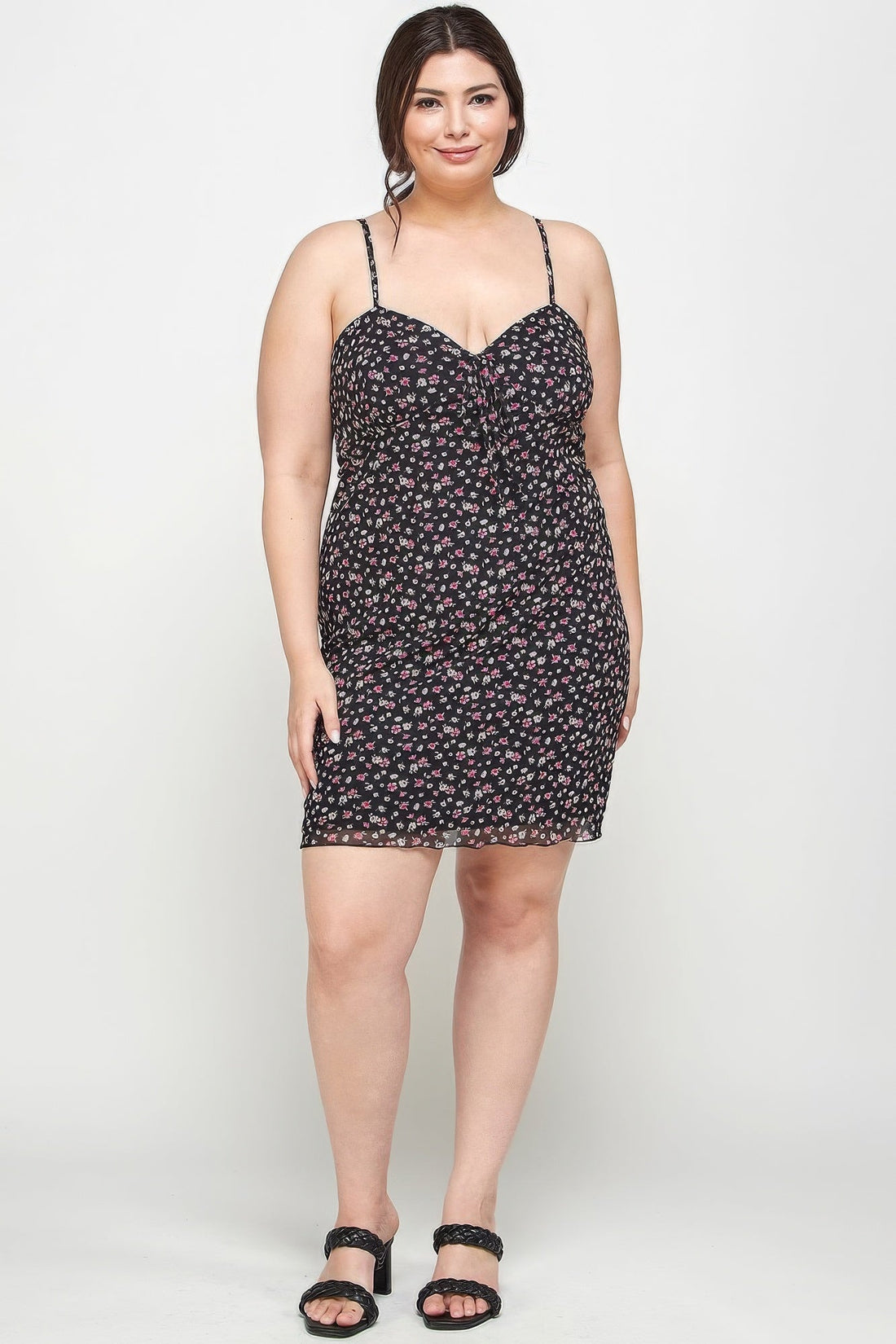 Women's Plus Size Ditsy Floral Print On Mesh Fabric Cami Dress