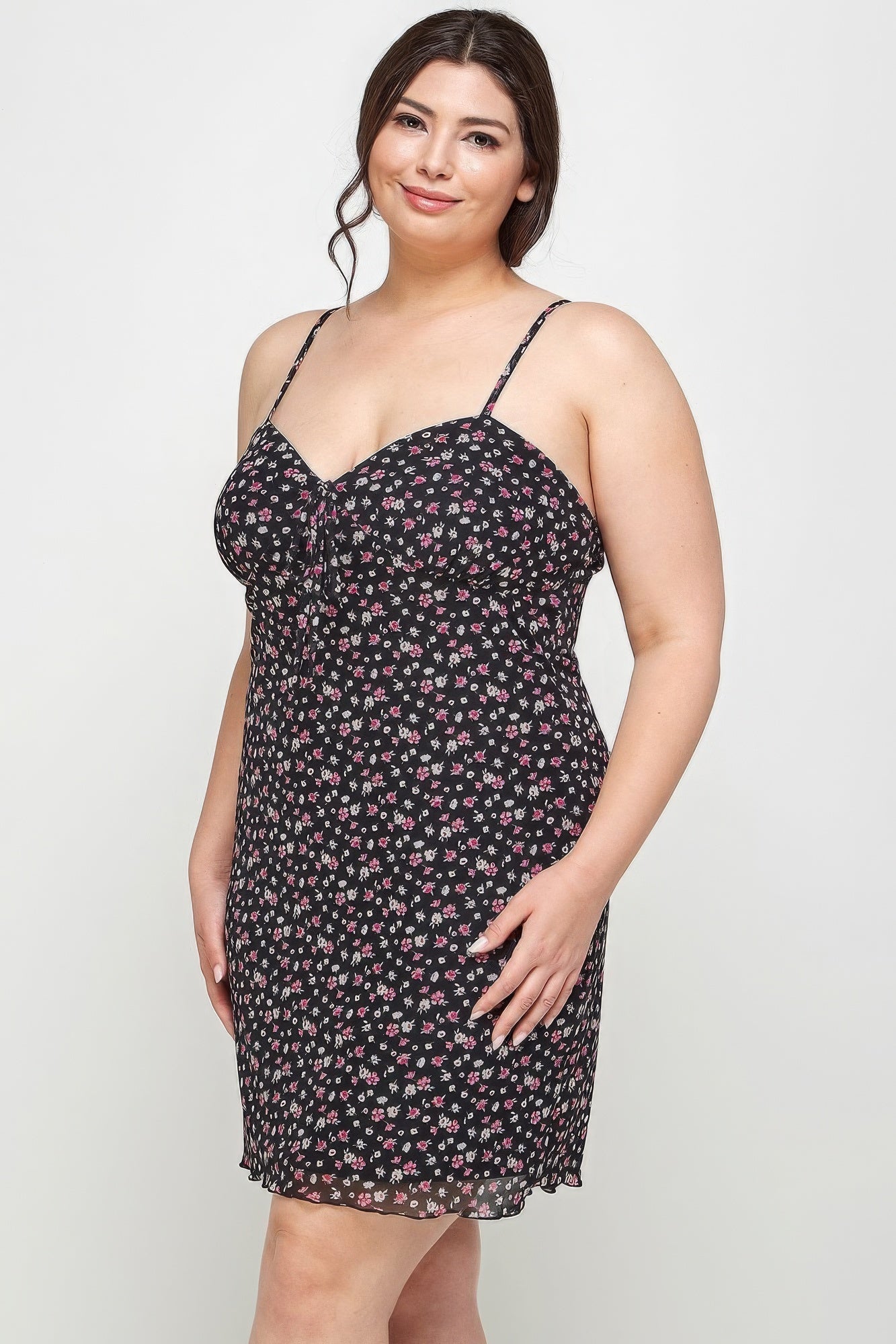 Women's Plus Size Ditsy Floral Print On Mesh Fabric Cami Dress