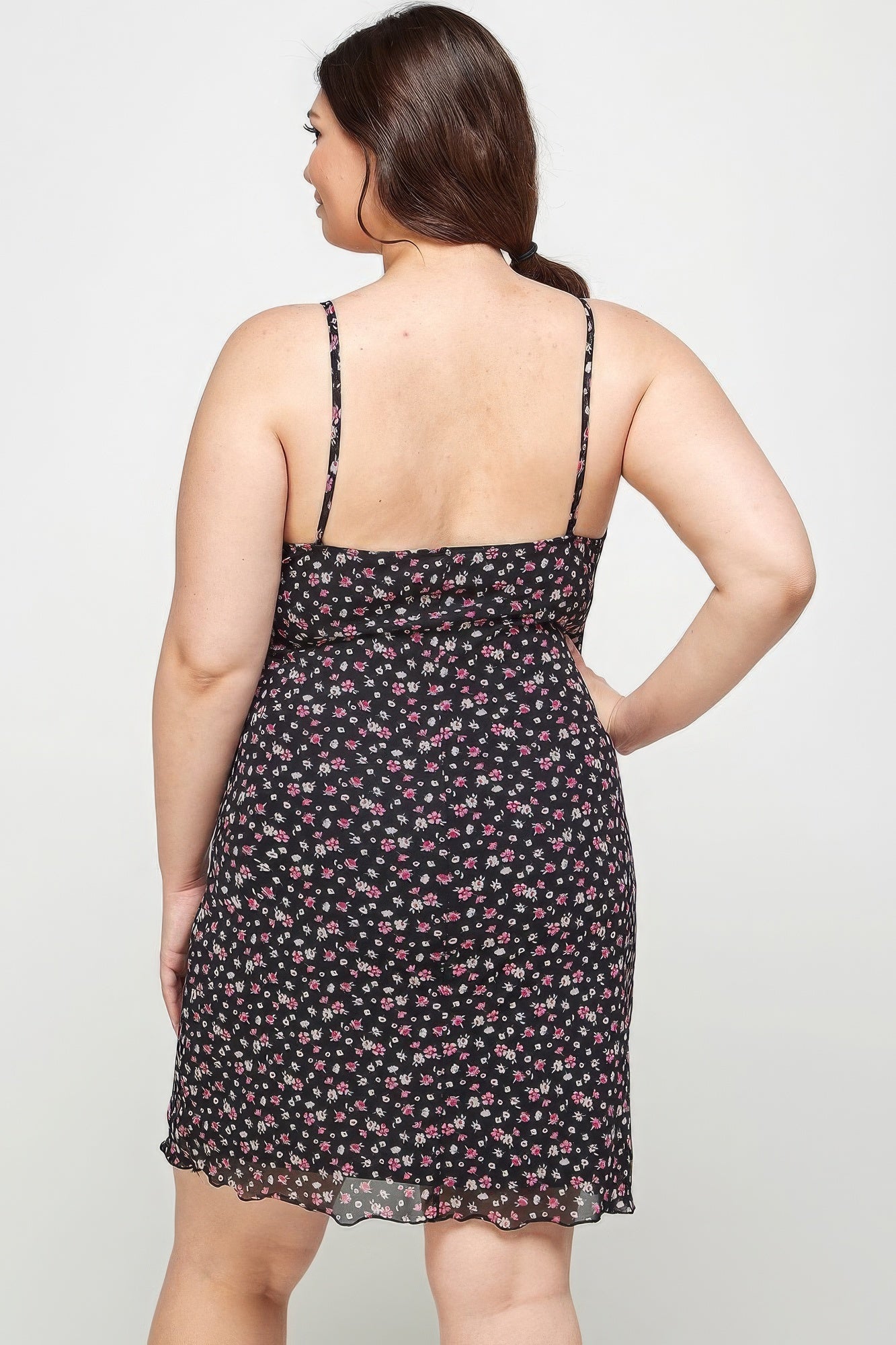 Women's Plus Size Ditsy Floral Print On Mesh Fabric Cami Dress