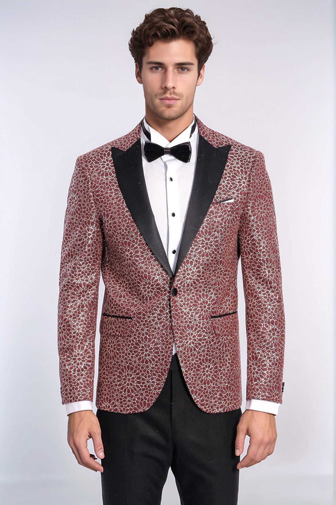 Flower Embroidered Pattern Burgundy Men Tuxedo Blazer - Wessi