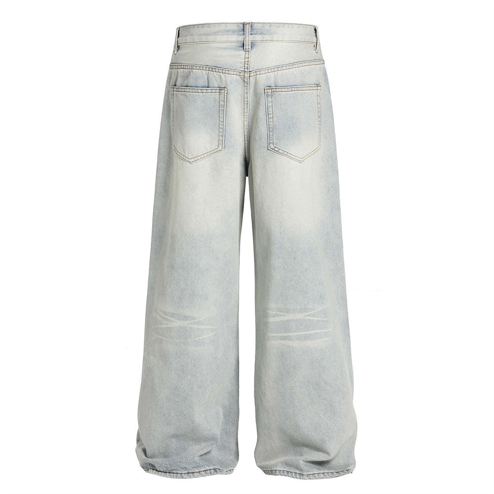 Men’s Vintage Washed Denim Loose Straight Wide Leg Pants