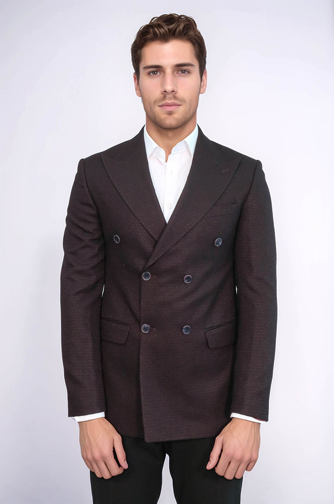 Houndstooth Patterned Burgundy Men Double Breasted Blazer - Wessi