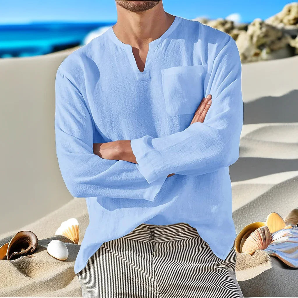 Men's Plus Size Long Sleeve V Neck Beach Linen Shirt