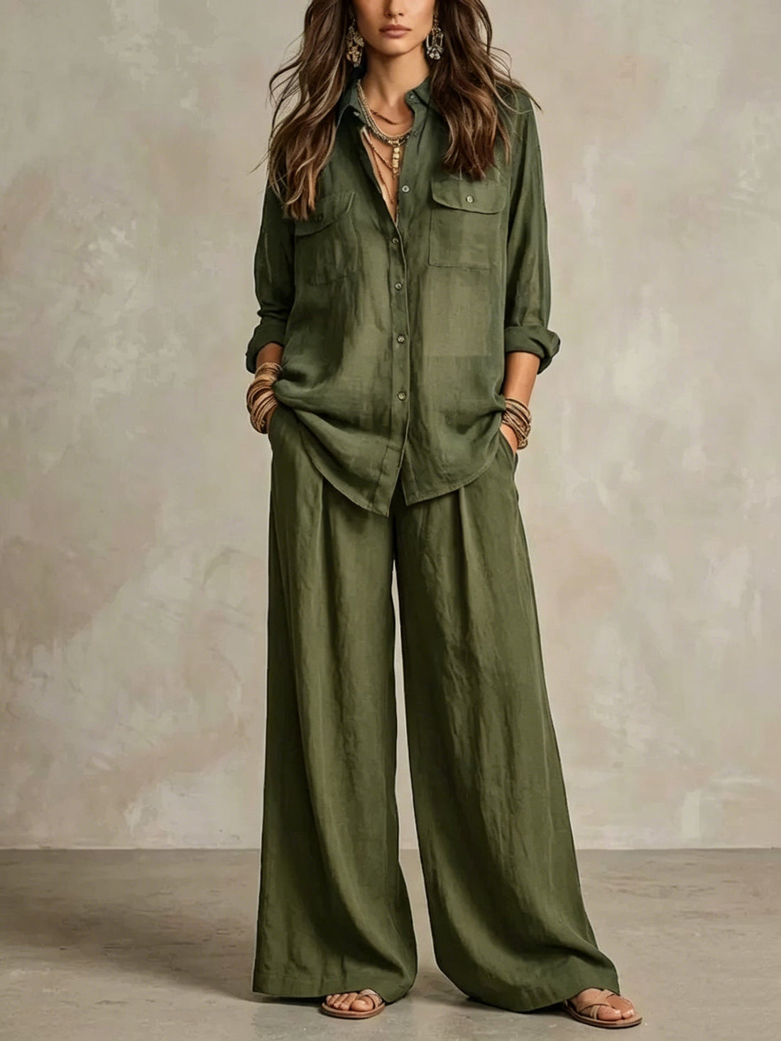 Women's Linen Two-Piece Set – Long Sleeve Shirt & Wide-Leg Pants