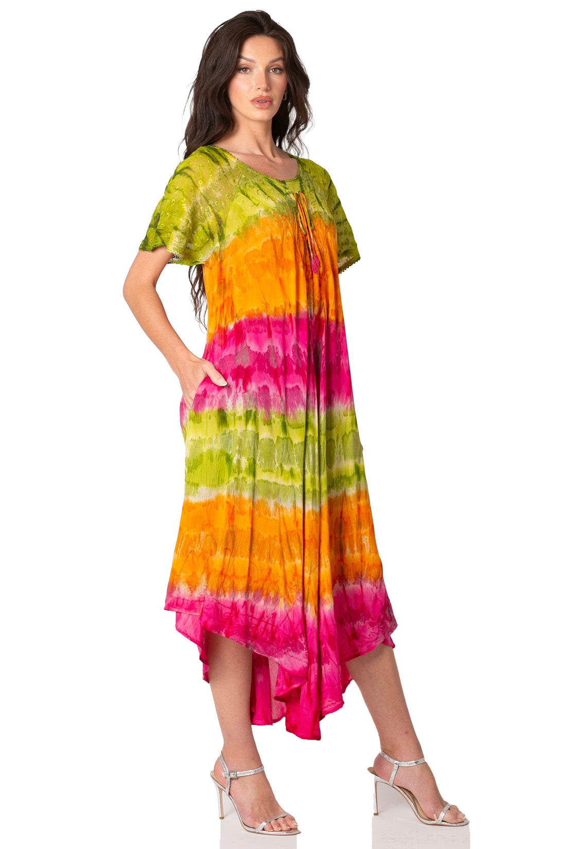 Sakkas Sula Long Laced Tie-Dye Wide Neck Embroidered Boho Sundress Cover Up