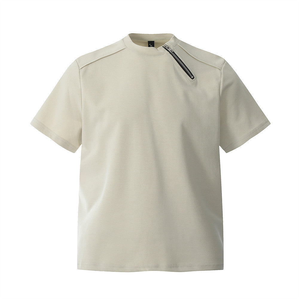 Men’s Heavyweight Zipper Short Sleeve Loose Round Neck T-Shirt