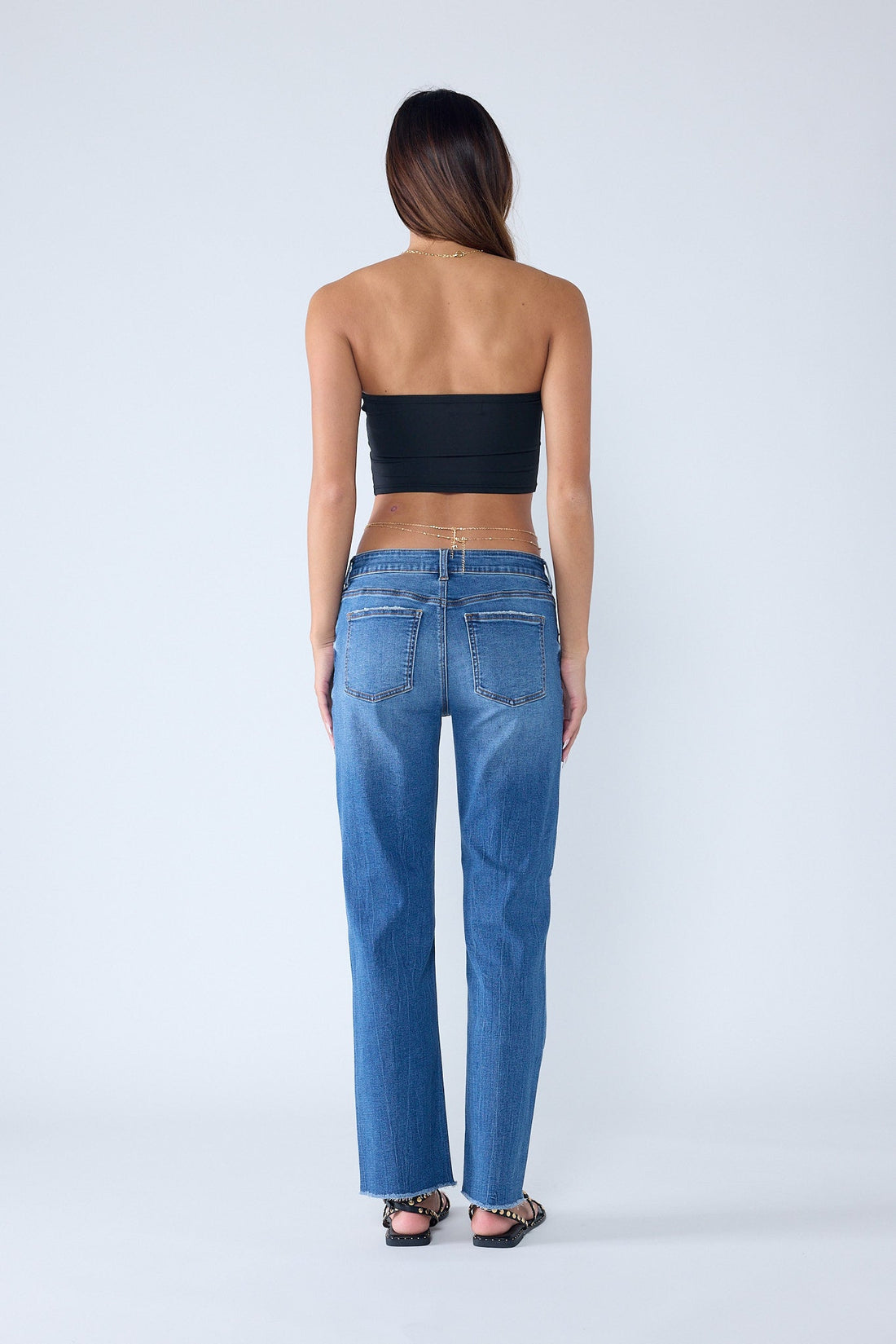 High Rise Knee Down Tie Wash Straight Jeans