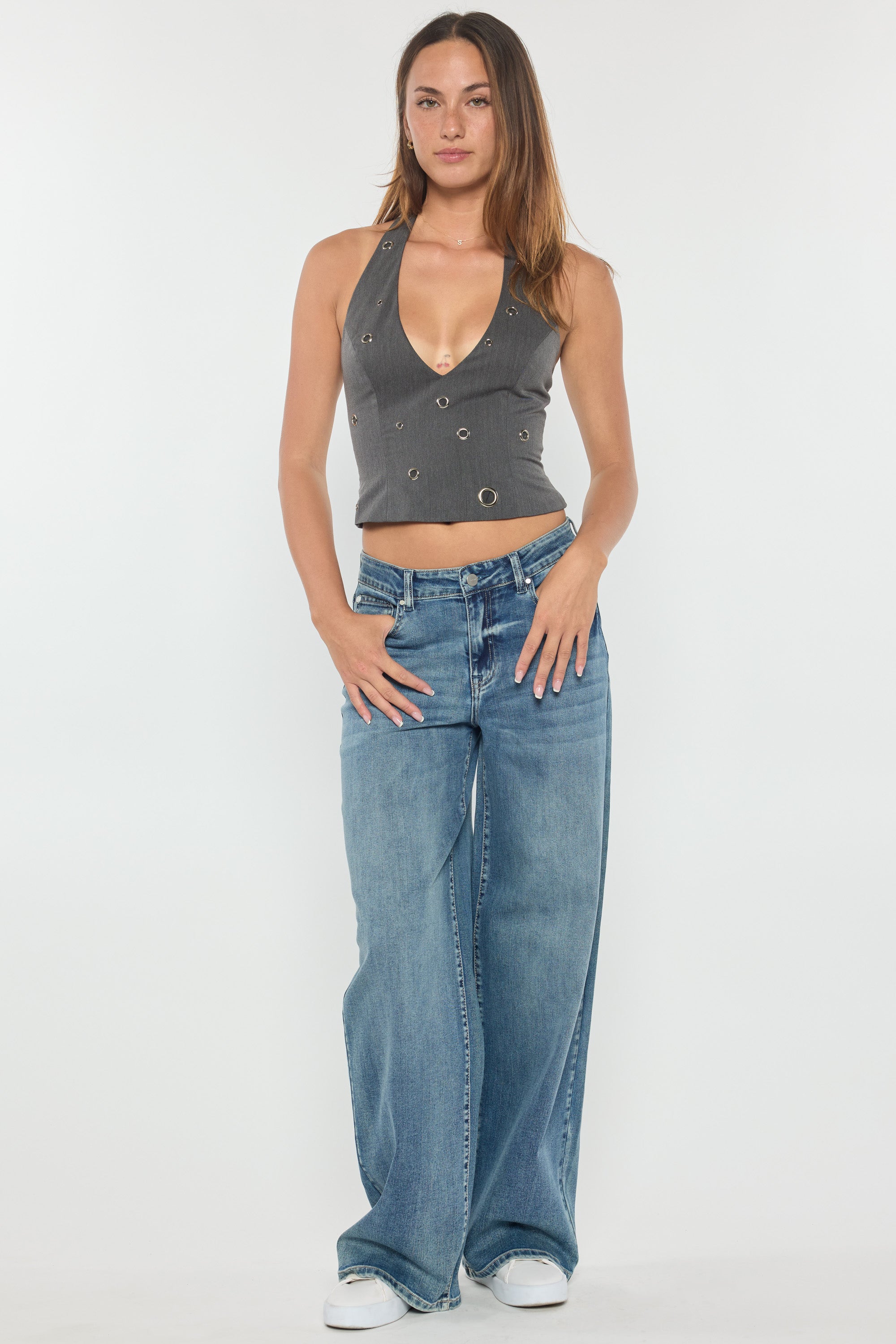 Mid Waist Relaxed Wide Leg Jeans with Heavy Brushed Wash