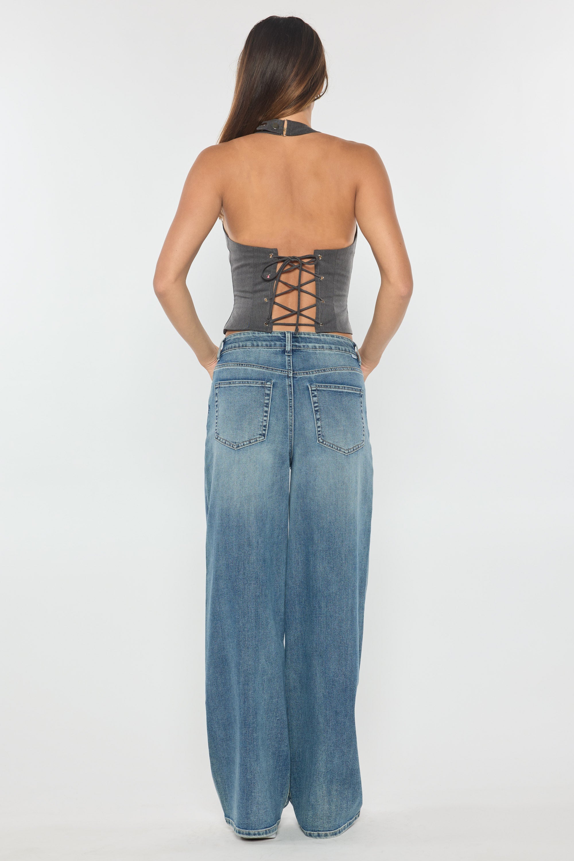 Mid Waist Relaxed Wide Leg Jeans with Heavy Brushed Wash