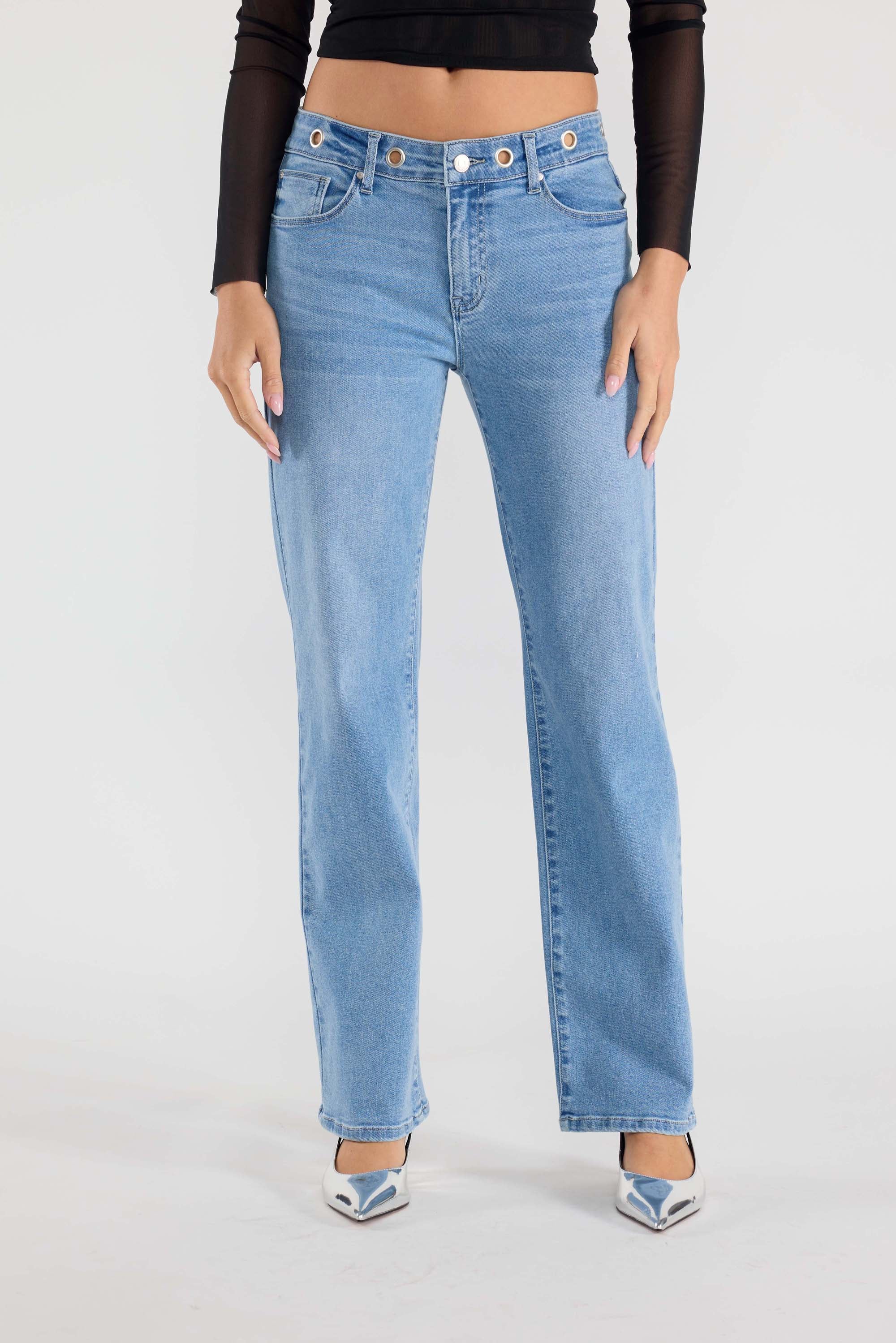 Eyelet Waist Band Straight Jeans